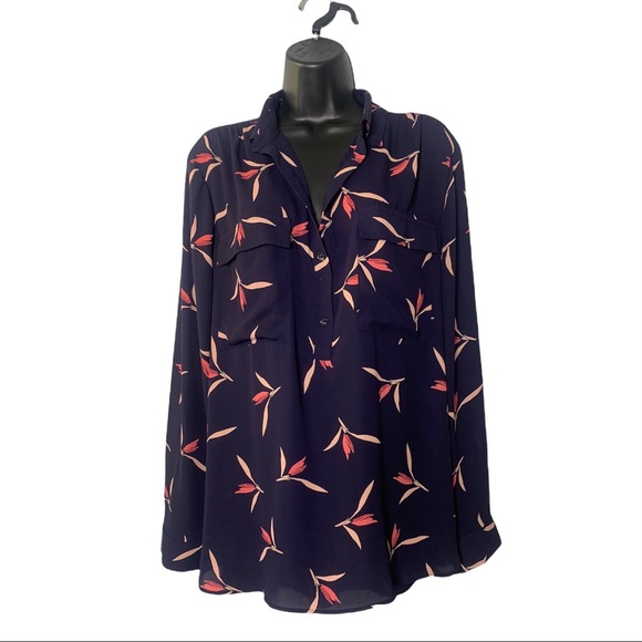 Ann Taylor Tops - Ann Taylor Sheer Navy Collared Pink Floral Print